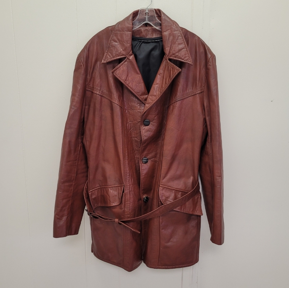 Vintage Flap Pocket Belted Leather Coat Jacket